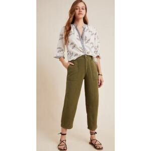 Anthropologie Audra Linen Blend Green Cropped Cargo Utility Pants EUC‎ Sz 31